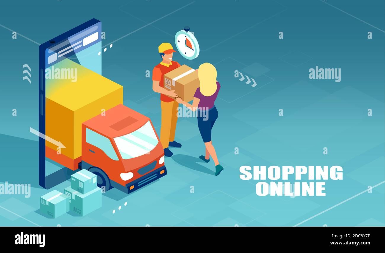 Concetto di shopping online. Vettore di un addetto alla consegna che porta una scatola ad un acquirente di Internet Illustrazione Vettoriale