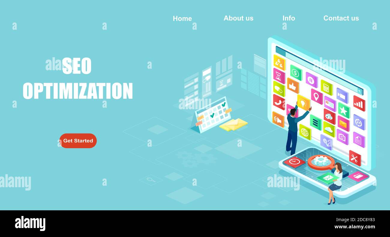 Ottimizzazione SEO vettoriale isometrica per siti web su dispositivi mobili Illustrazione Vettoriale