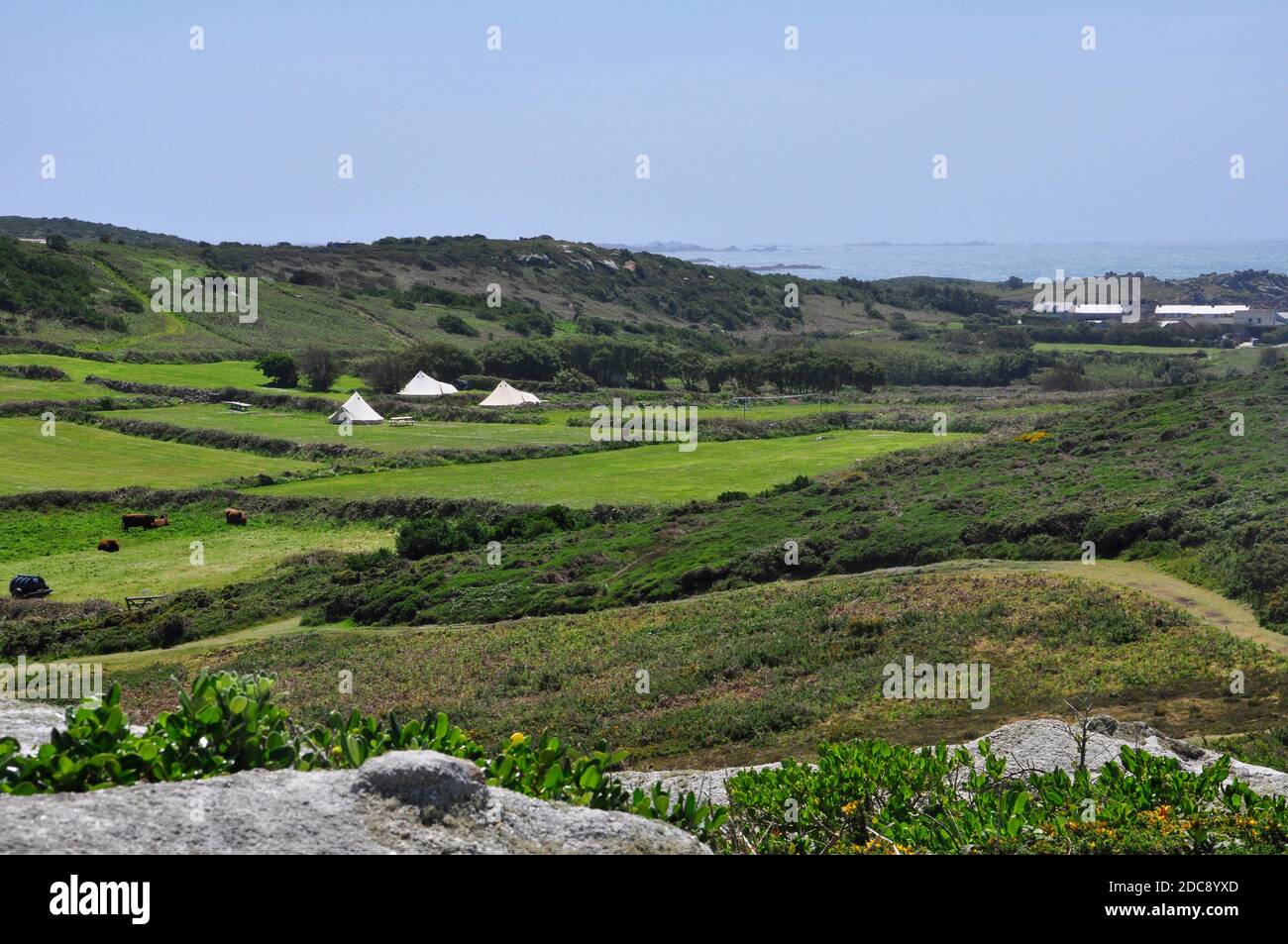 Un paio di tende sulla isolata, tranquilla, campeggio sito sulla bella isola di Bryher nelle isole di Scilly.Cornwall.UK Foto Stock