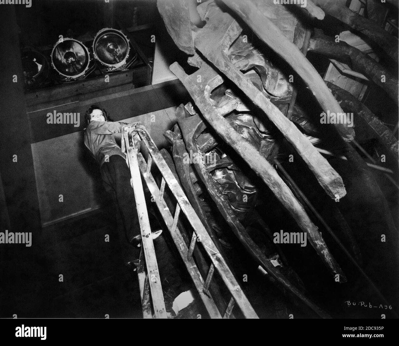 KATHARINE HEPBURN sulla scala accanto a Dinosaur Skeleton sul set Candido durante le prove per filmare di PORTARE SU IL BAMBINO 1938 regista HOWARD HAWKS RKO radio Pictures Foto Stock