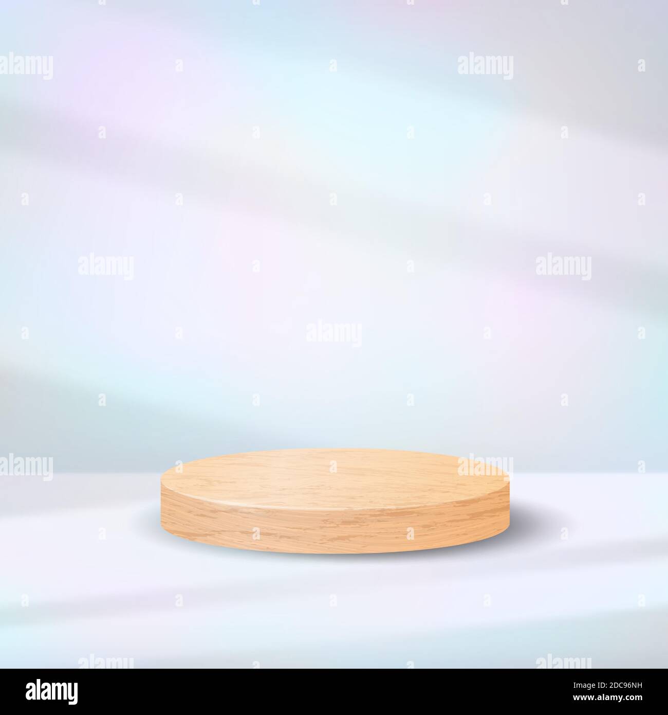 Podio in legno realistico su sfondo color pastello iridescente con effetto shadow overlay. Scena minima con piedistallo a cilindro vuoto per la presentazione dei prodotti Illustrazione Vettoriale