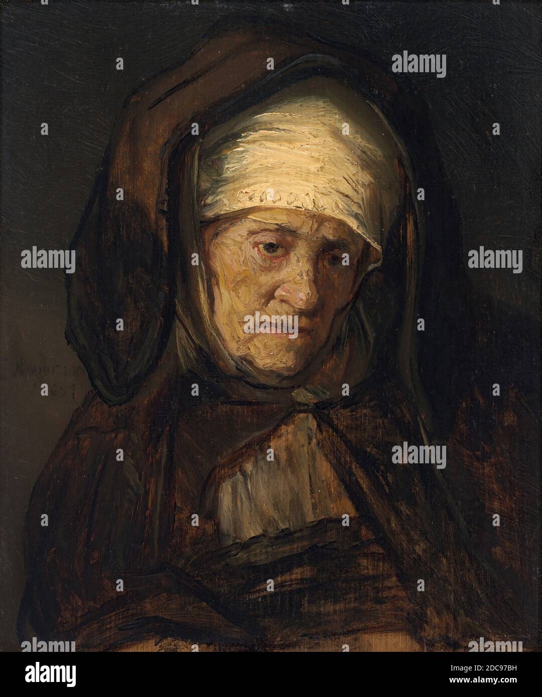 Olandese 17 ° secolo, (pittore), Rembrandt van Rijn, (artista correlato), olandese, 1606 - 1669, Capo di una donna anziana, 1655/1660, olio su pannello, totale: 21.1 x 17.5 cm (8 5/16 x 6 7/8 pollici Foto Stock