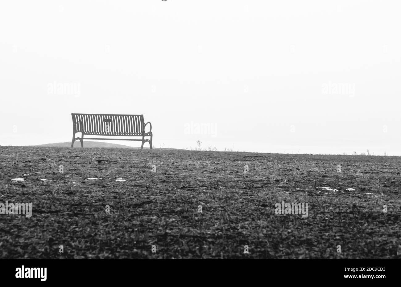 Panca vuota del parco in una mattinata foggosa Foto Stock