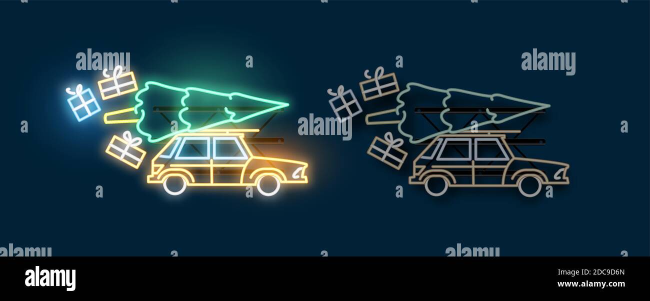Una macchina che viaggia a casa per natale con un albero di natale e regali. Segnale luminoso al neon con versioni on e off. Illustrazione vettoriale. Illustrazione Vettoriale