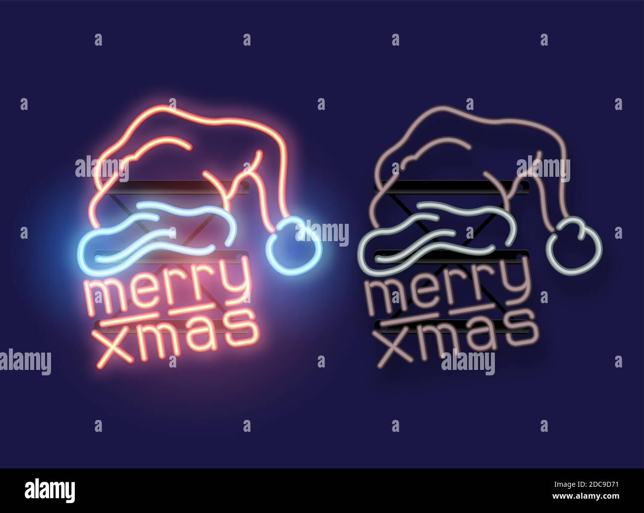 Cartello al neon di Merry Xmas con cappello di babbo natale. Versioni on e Off della luce. Illustrazione di Christmas Vector. Illustrazione Vettoriale
