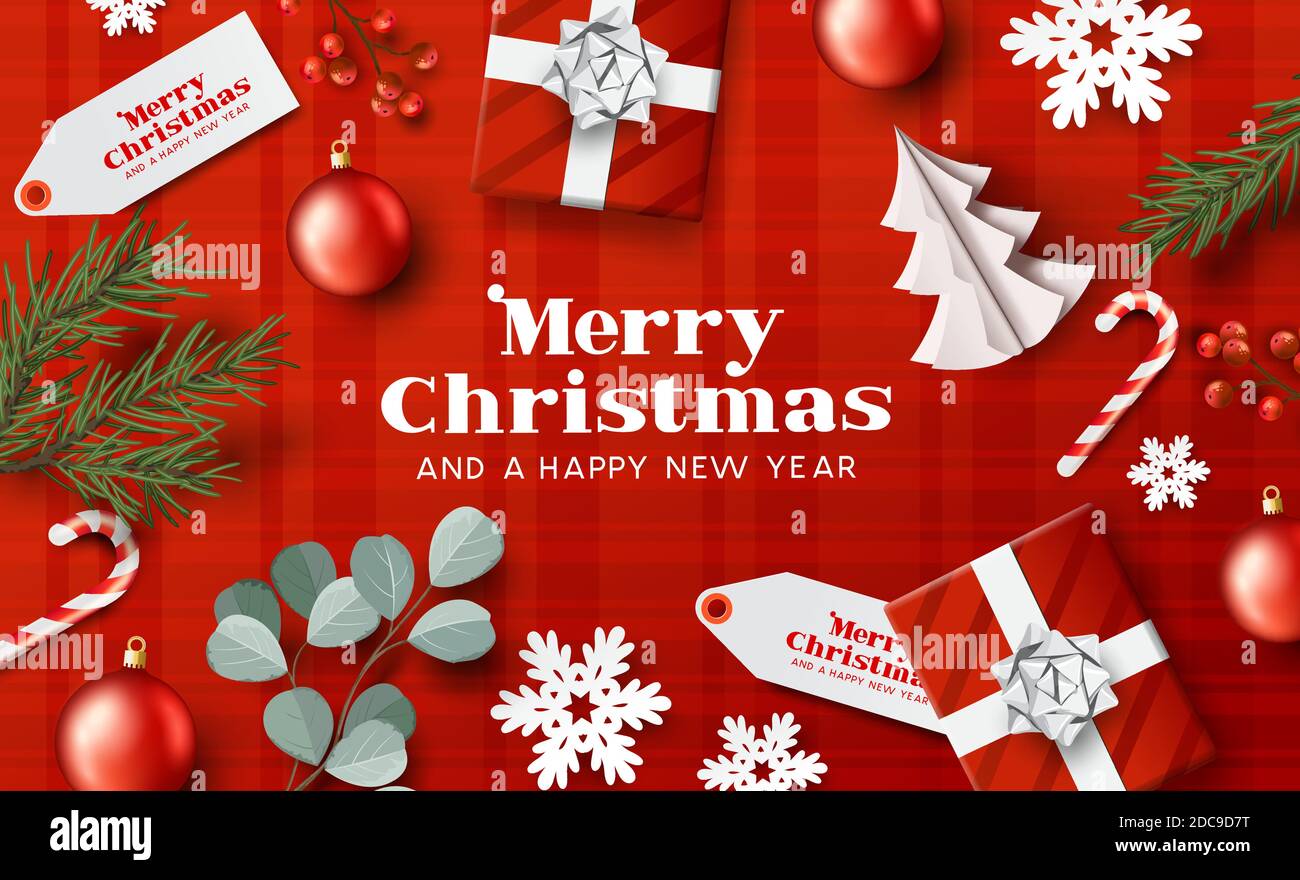 Un rosso allegro natale sfondo layout con decorazioni xmas. Illustrazione vettoriale festiva Illustrazione Vettoriale