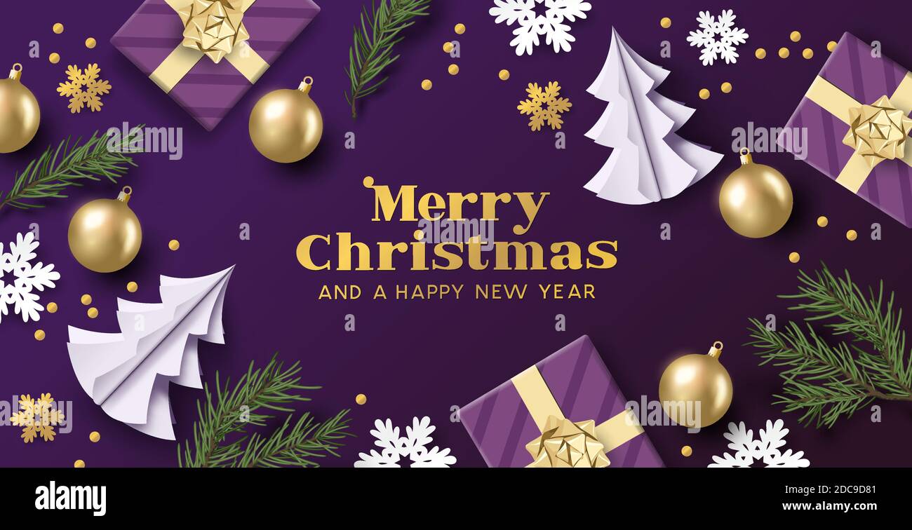 Maerry natale layout design con colori viola e oro, decorazioni natalizie e rami di abete. Illustrazione vettoriale Illustrazione Vettoriale