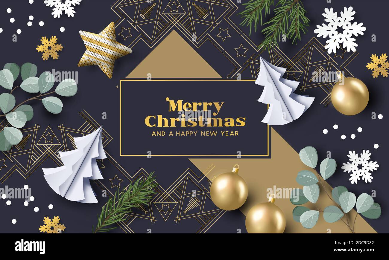 Vintage oro layout natale con decorazioni natalizie e carta alberi di natale. Illustrazione vettoriale. Illustrazione Vettoriale