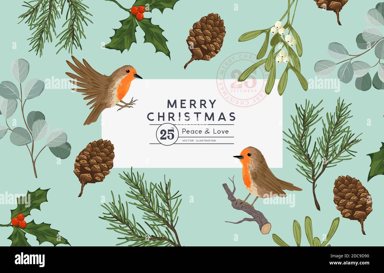 Vintage naturale natale sfondo design con uccelli e piante floreali. Illustrazione vettoriale Illustrazione Vettoriale