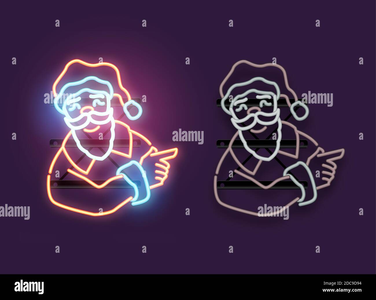 Luce al neon vintage brillante di Babbo Natale che punta con le versioni on e off. Illustrazione del vettore di natale del Padre Illustrazione Vettoriale