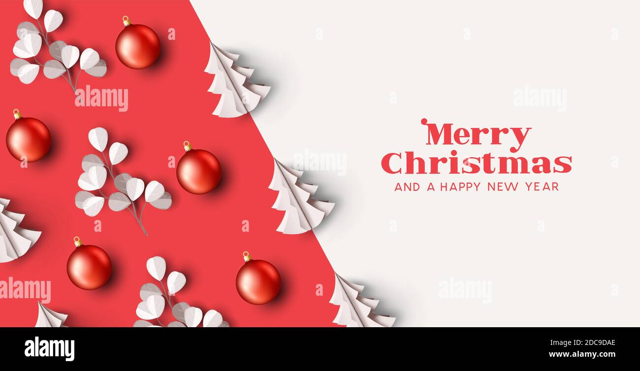 Un disegno astratto di layout di sfondo natalizio con baubles rossi, alberi di Natale di carta e rami di eucalipto. Illustrazione vettoriale Illustrazione Vettoriale