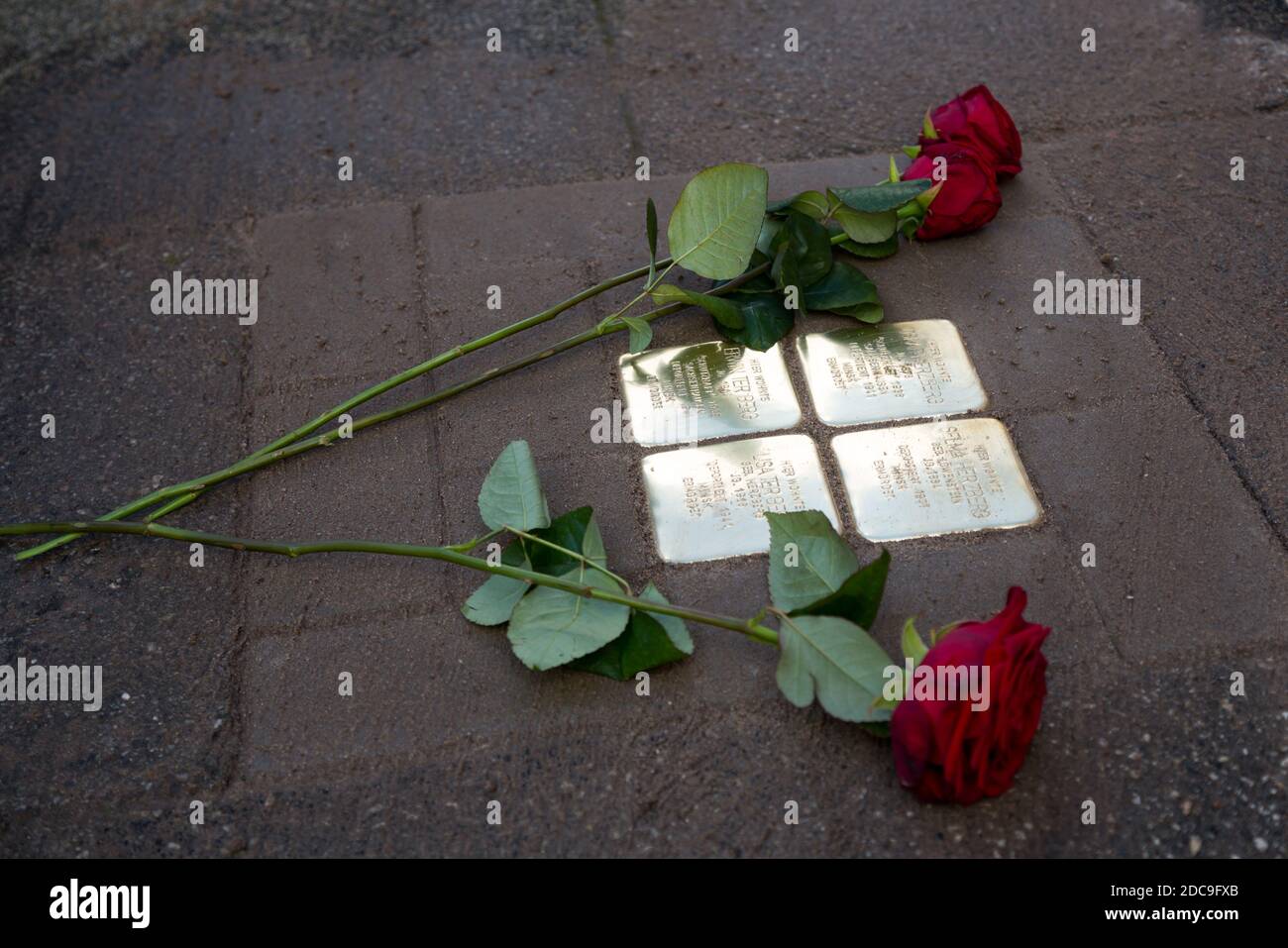 13.10.2020, Brema, Brema, Germania - nuovo blocco di inciampo per i deportati ebrei dell'era nazista. Stones inciampanti danno i nomi ai deportati al Foto Stock