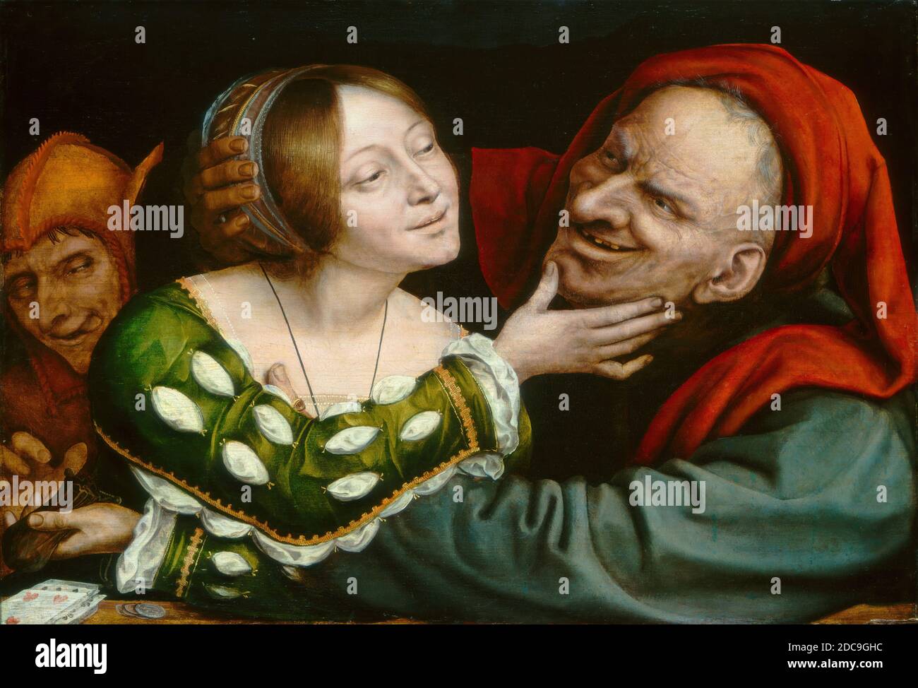 Quentin Massys, (artista), Netherlandish, 1466 - 1530, gli amanti dell'Ill-Matched, c. 1520/1525, olio su pannello, totale: 43.2 x 63 cm (17 x 24 13/16 pollici), incorniciato: 61.6 x 81.3 x 7.6 cm (24 1/4 x 32 x 3 pollici Foto Stock