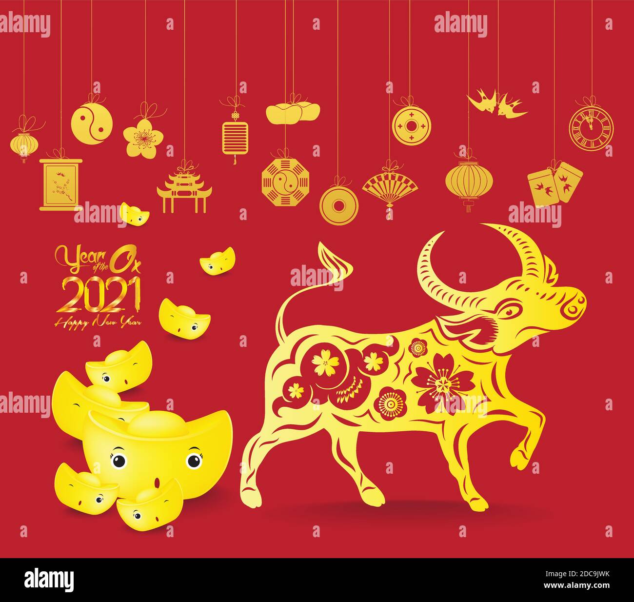 Oriental Happy Chinese Capodanno 2021 lingotti d'oro. Anno dell'Ox con elemento cinese Illustrazione Vettoriale