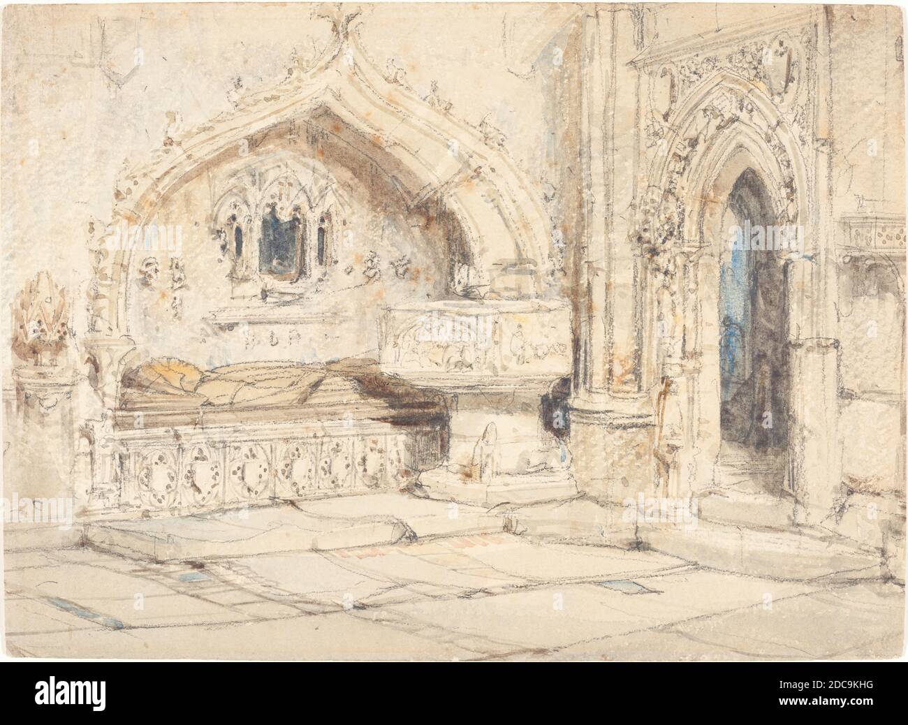 Louis Haghe, (artista), britannico, 1806 - 1885, interno di una chiesa con una tomba da muro e carattere medievale, acquerello e grafite su carta di wove, totale: 18.6 x 25.6 cm (7 5/16 x 10 1/16 pollici Foto Stock