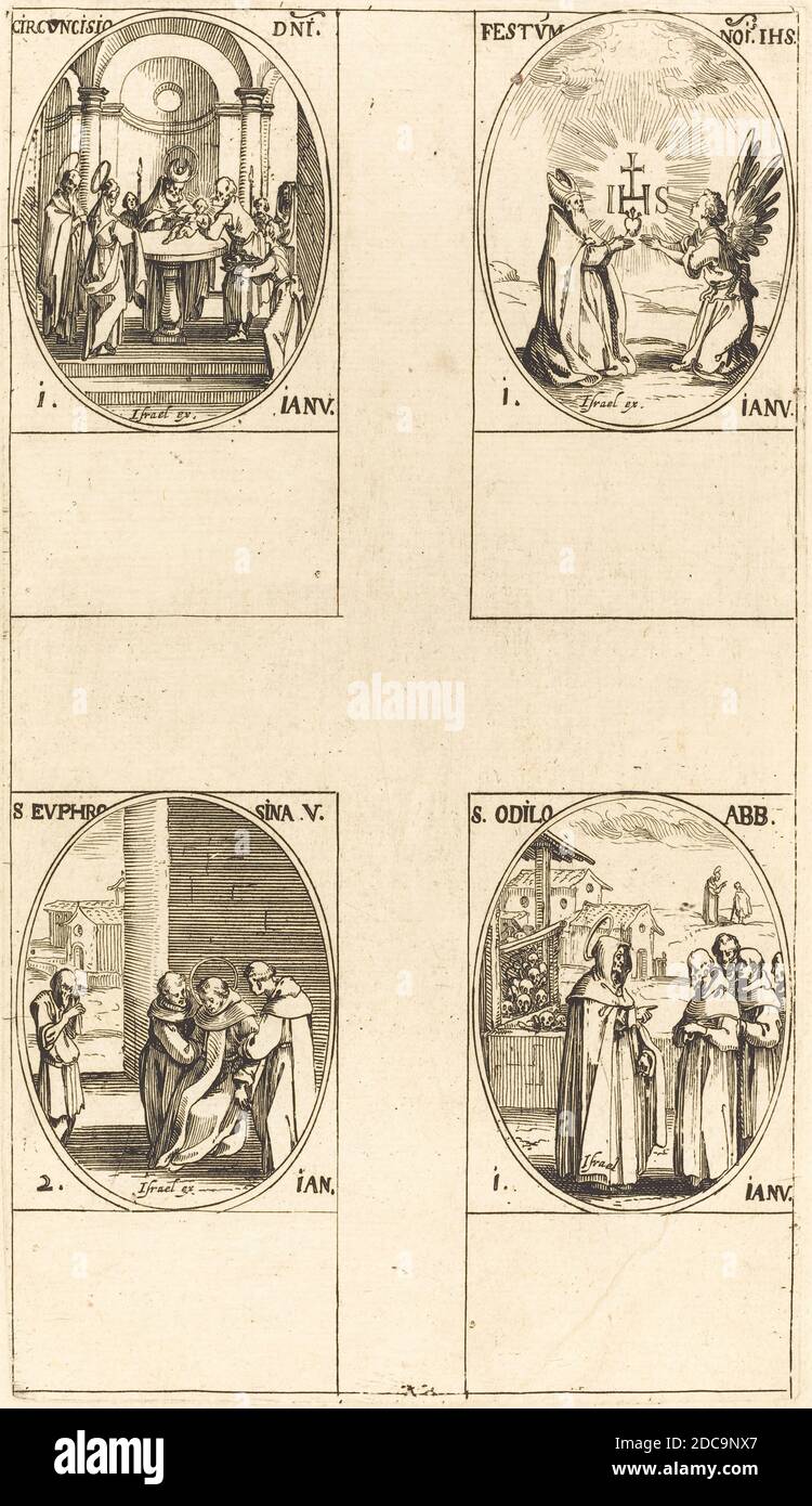 Jacques Callot, (artista), francese, 1592 - 1635, Circumcision; Sagra del nome di Cristo; Sant'Odilo; Sant'Eufrosina, il Calendario dei Santi, (serie), incisione Foto Stock