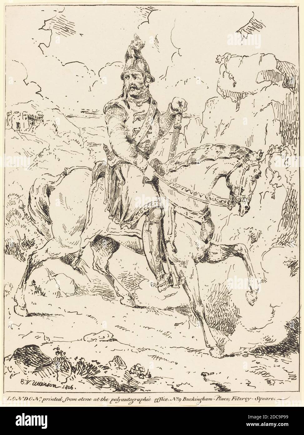 Edward Vernon Utterson, (artista), britannico, c. 1776 - 1852, Cavaliere in armatura a cavallo, esemplari di poliautografia, (serie), 1806, litografia a penna e a tusche Foto Stock
