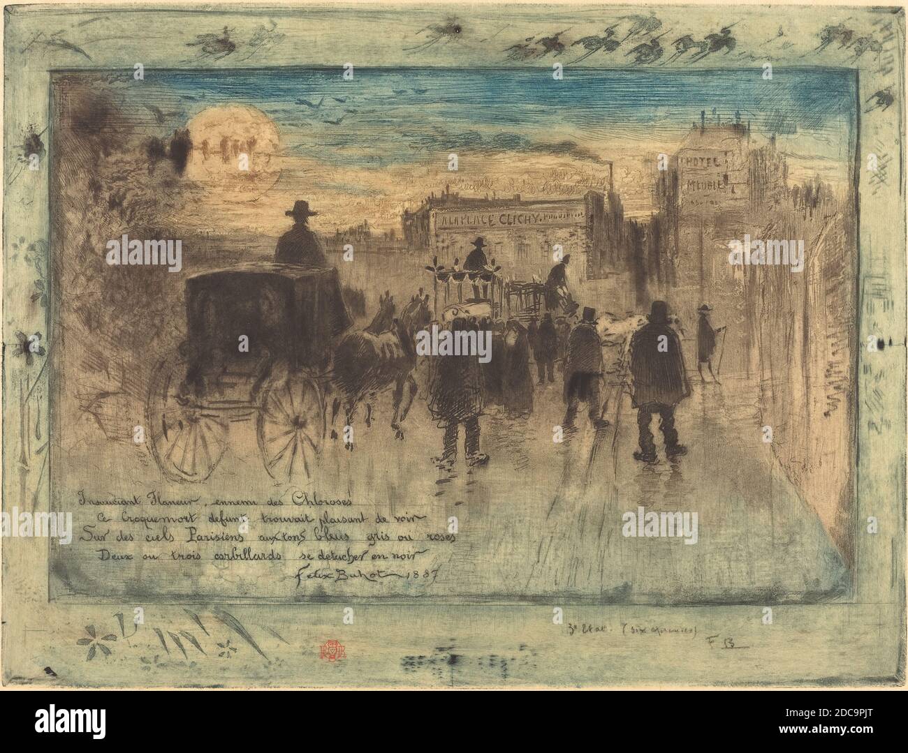 Félix-Hilaire Buhot, (artista), francese, 1847 - 1898, convoi Funèbre au Boulevard de Clichy (Processione funeraria sul Boulevard de Clichy), 1887, acquaforte, acquatint, secchezza, acquaforte e roulette con incisione su elio in verde-blu, blu, nero e rosso-marrone su carta giapponese, piatto: 30 x 39.7 cm (11 13/16 x 15 5/8 pollici), foglio: 35.7 x 49.8 cm (14 1/16 x 19 5/8 pollici Foto Stock