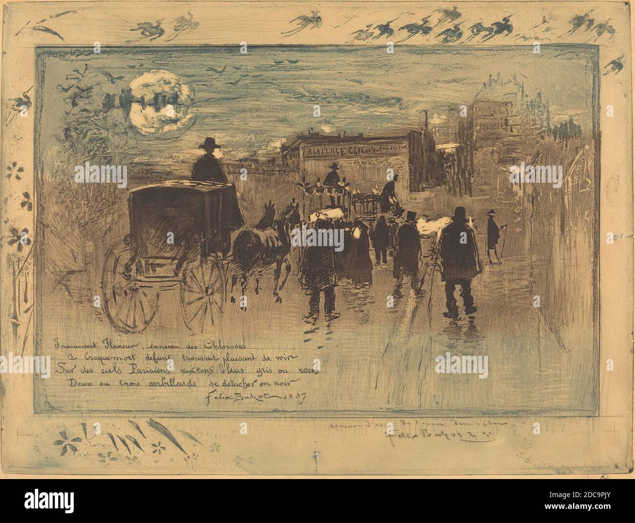 Félix-Hilaire Buhot, (artista), francese, 1847 - 1898, convoi Funèbre au Boulevard de Clichy (Processione funeraria sul Boulevard de Clichy), 1887, eliocalcatura, acquatinto, e secchezza con brunitura in blu-verde e marrone-nero su carta di wove tonata, lastra: 29.9 x 39.9 cm (11 3/4 x 15 11/16 pollici), foglio: 32.2 x 45.2 cm (12 11/16 x 17 13/16 pollici Foto Stock