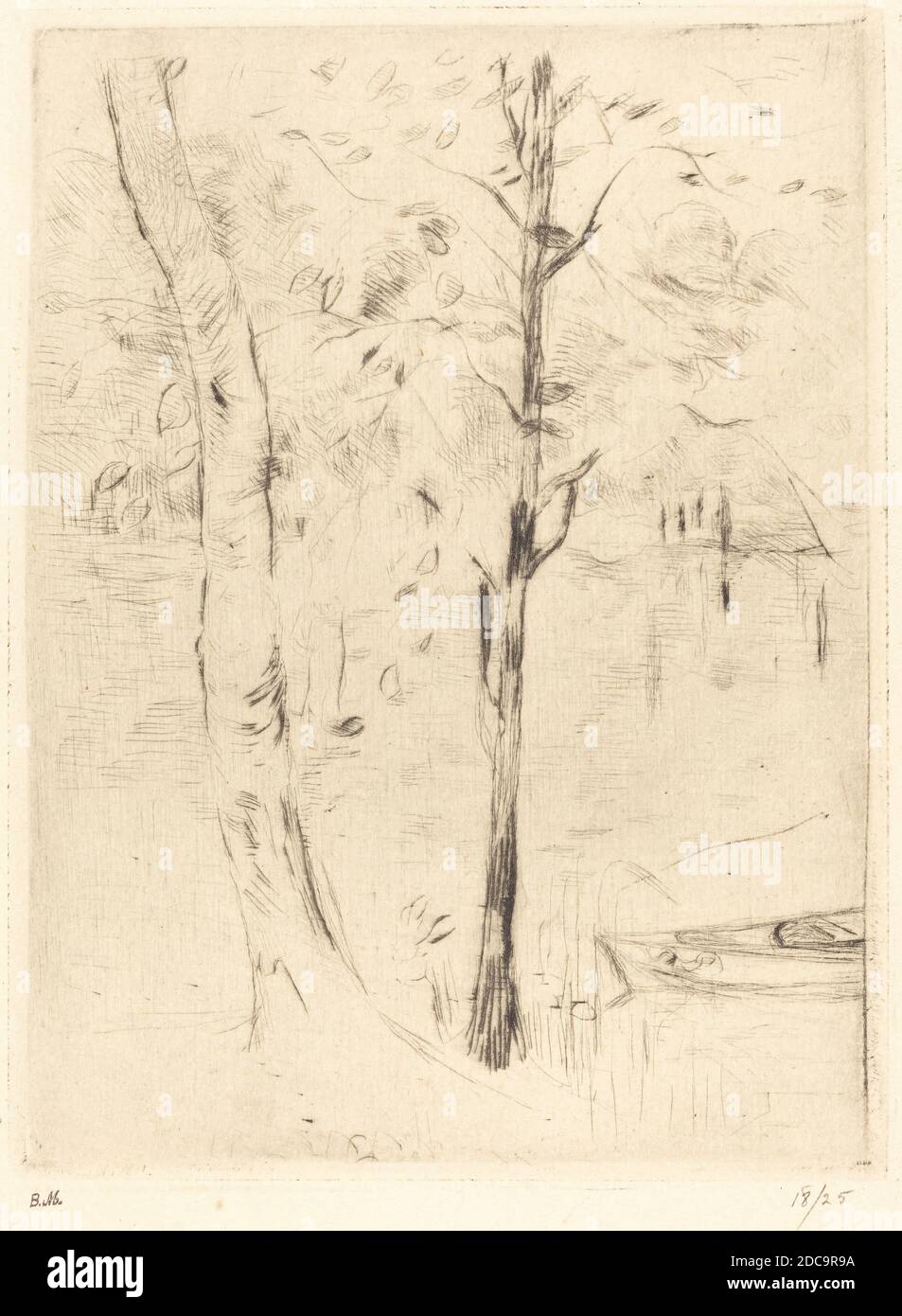 Berthe Morisot, (artista), francese, 1841 - 1895, Lago con rowboat, Cahier de huit pointes seches, (serie), 1888/1890, drypoint Foto Stock