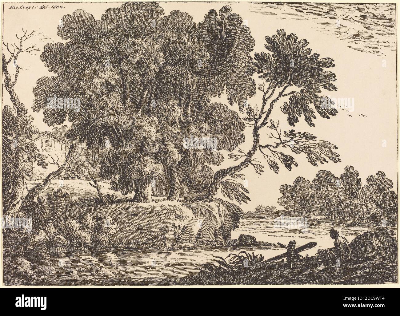 Richard Cooper II, (artista), British, 1740 - dopo il 1814, Paesaggio con il gruppo di alberi circondato da acqua, esemplari di poliautografia, (serie), 1802, litografia a penna e a tusche Foto Stock