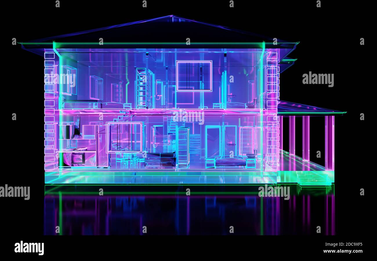 Edificio astratto in vetro a due piani con illuminazione al neon Foto Stock