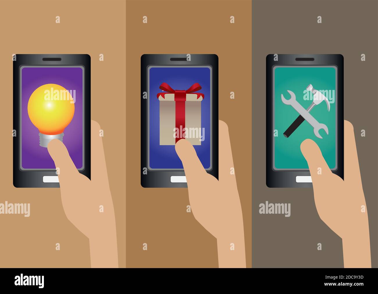 Set di tre illustrazioni vettoriali dello smartphone con supporto manuale con simbolo per le applicazioni software sul touch screen isolato fondo marrone chiaro Illustrazione Vettoriale