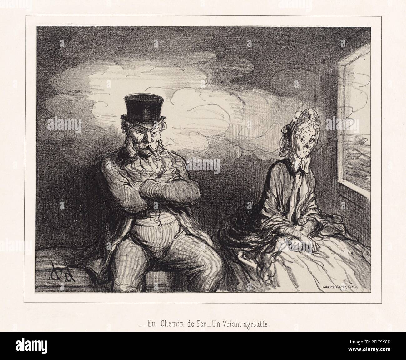 Honoré Daumier, (artista), francese, 1808 - 1879, en Chemin de fer... un voisin agréable (sulla ferrovia: Un vicino piacevole), 1862, litografia, foglio: 31.5 × 44.6 cm (12 3/8 × 17 9/16 pollici Foto Stock