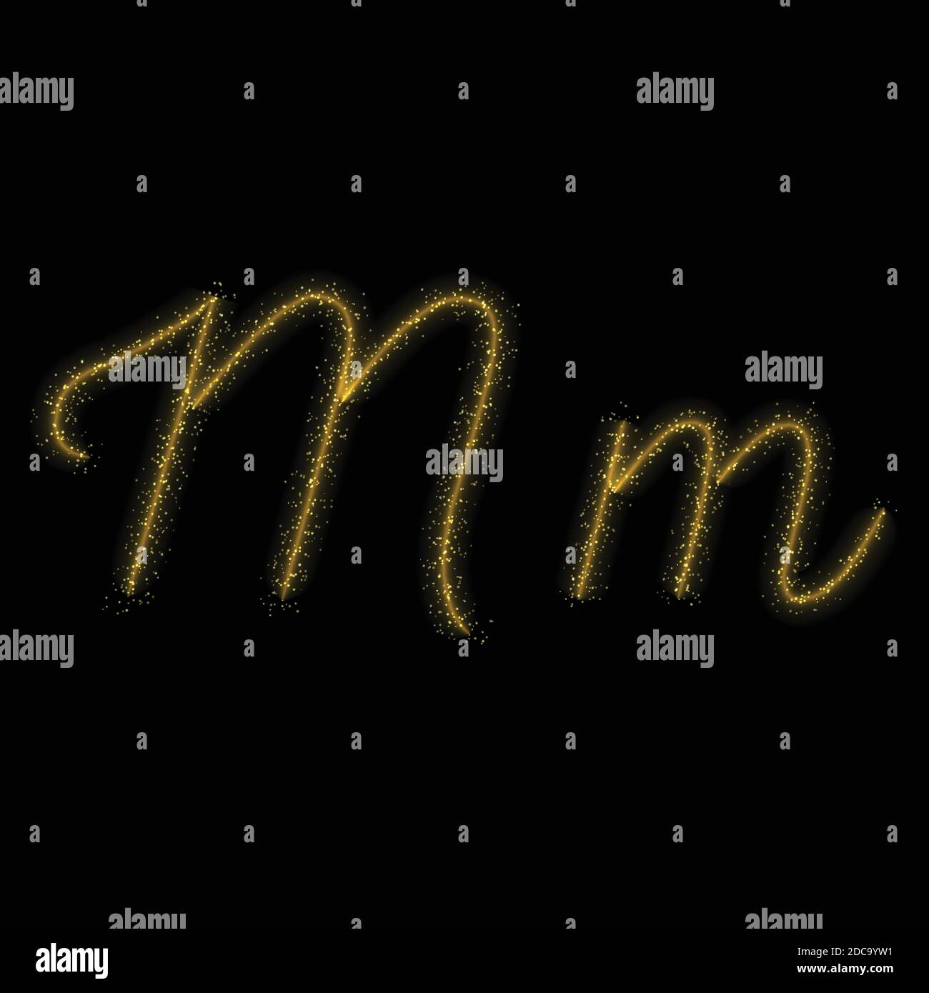 Lettera M con glitter oro, carattere stella brillante su sfondo scuro Illustrazione Vettoriale