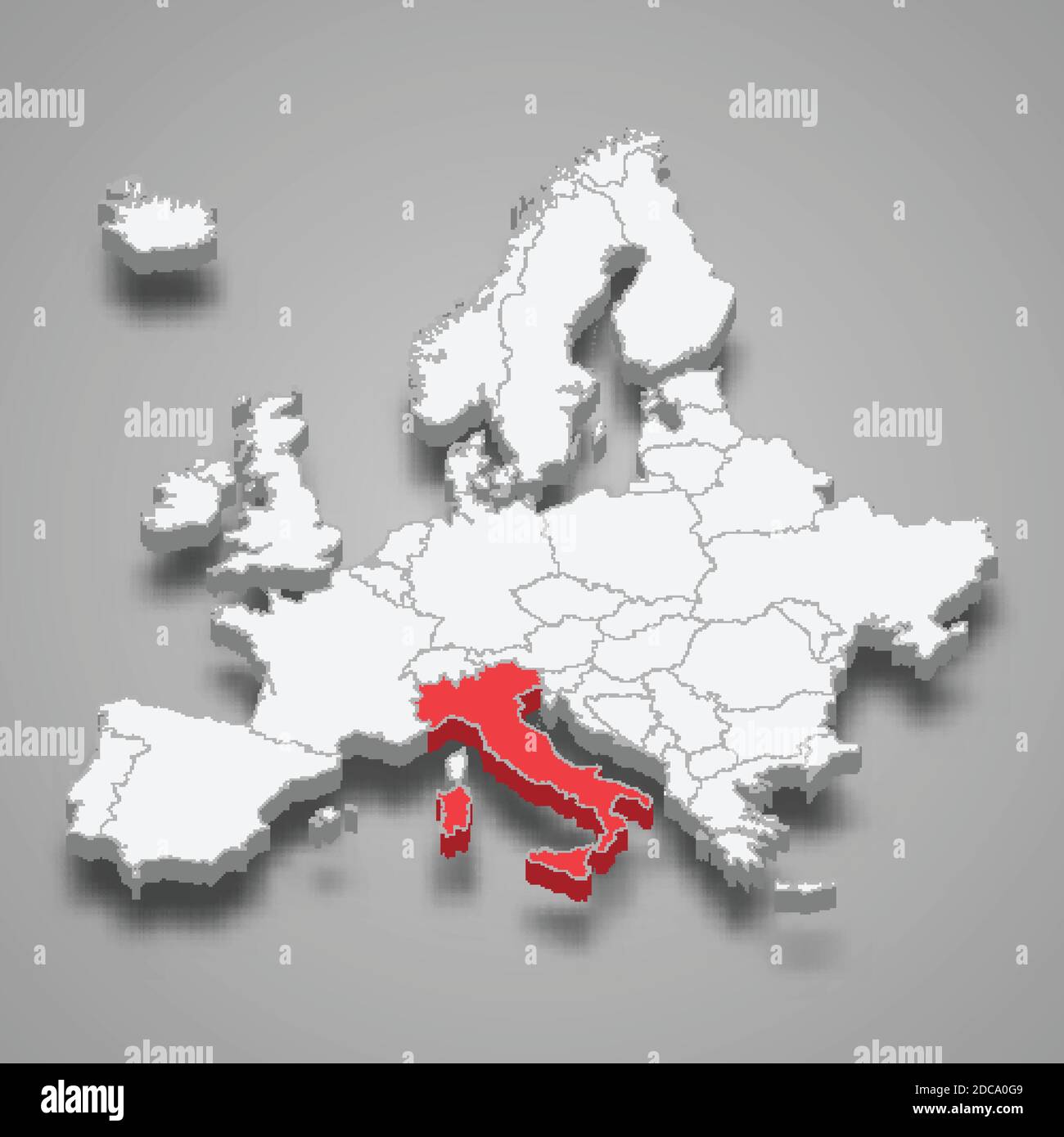 Posizione del paese in Italia all'interno dell'Europa Mappa isometrica 3d Illustrazione Vettoriale