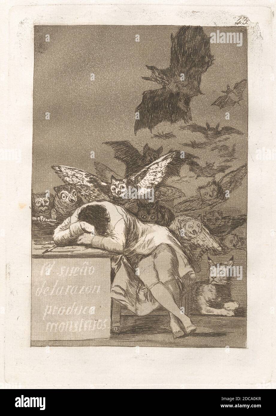 Francisco de Goya, (artista), Spagnolo, 1746 - 1828, El sueño de la razon produce mostruos (il sonno della ragione produce mostri), Los Caprichos (piatto 43), (serie), pubblicato nel 1799, acquaforte e acquatinto, piatto: 21.4 x 15.1 cm (8 7/16 x 5 15/16 pollici), dimensioni pagina: 30.7 x 19.5 cm (12 1/16 x 7 11/16 pollici Foto Stock