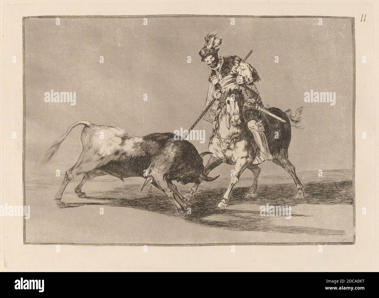 Francisco de Goya, (artista), spagnolo, 1746 - 1828, El Cid Campeador lanceando otro toro (il Cid Campeador che spearing un altro toro), Tauromaquia: pl.11, (serie), in o prima del 1816, incisione, acquatinto burnished e burin Foto Stock