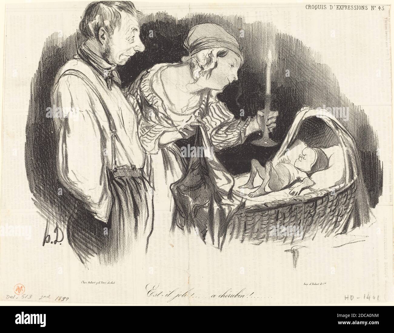 Honoré Daumier, (artista), francese, 1808 - 1879, Est-il joli!... ce chérubin!..., Croquis d'expressions: pl.45, (serie), 1839, litografia su carta da giornale Foto Stock