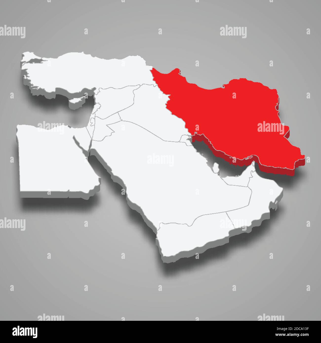 Posizione del paese in Iran all'interno della mappa isometrica 3d del Medio Oriente Illustrazione Vettoriale
