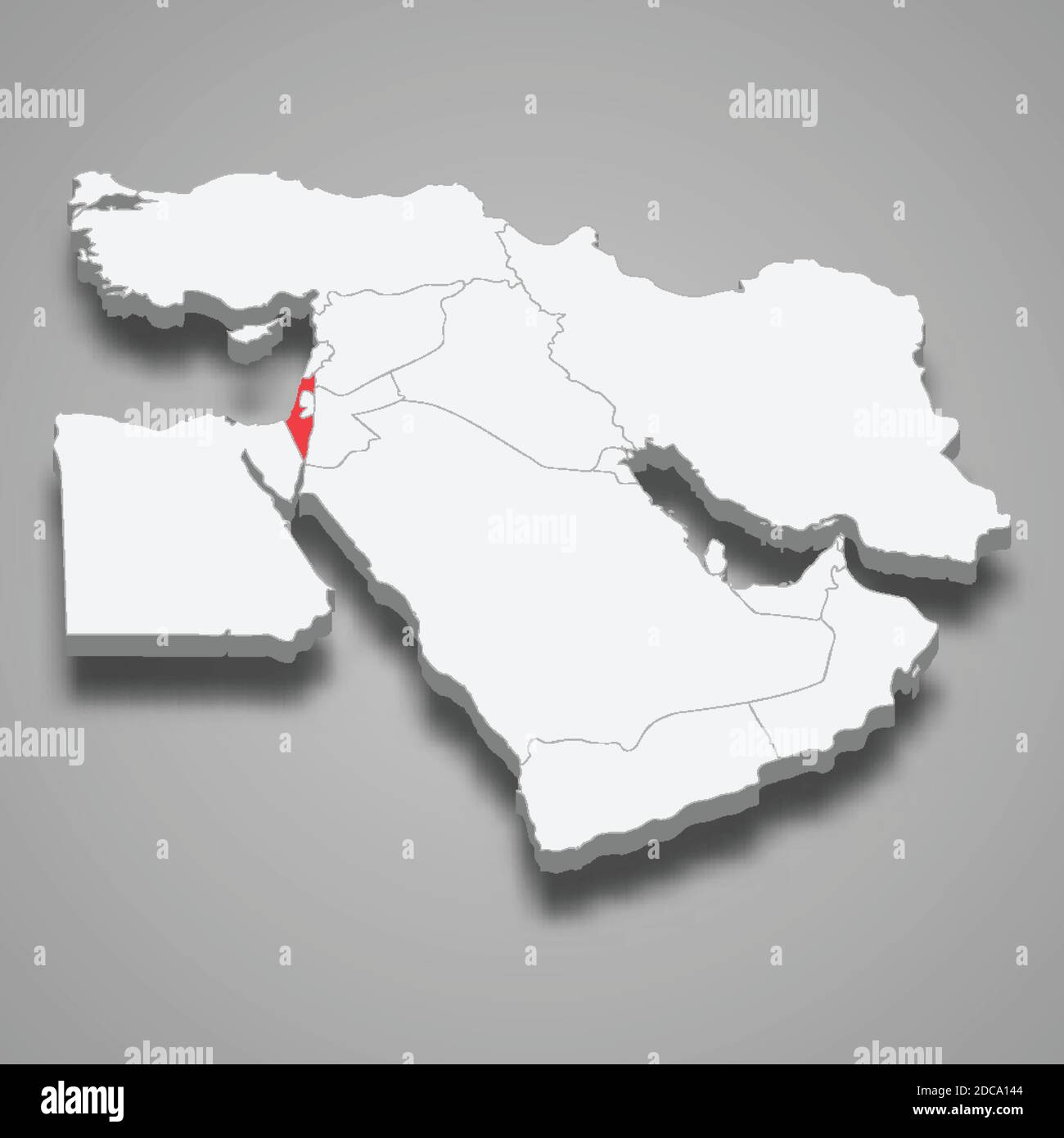 Posizione del paese di Israele all'interno della mappa isometrica 3d del Medio Oriente Illustrazione Vettoriale