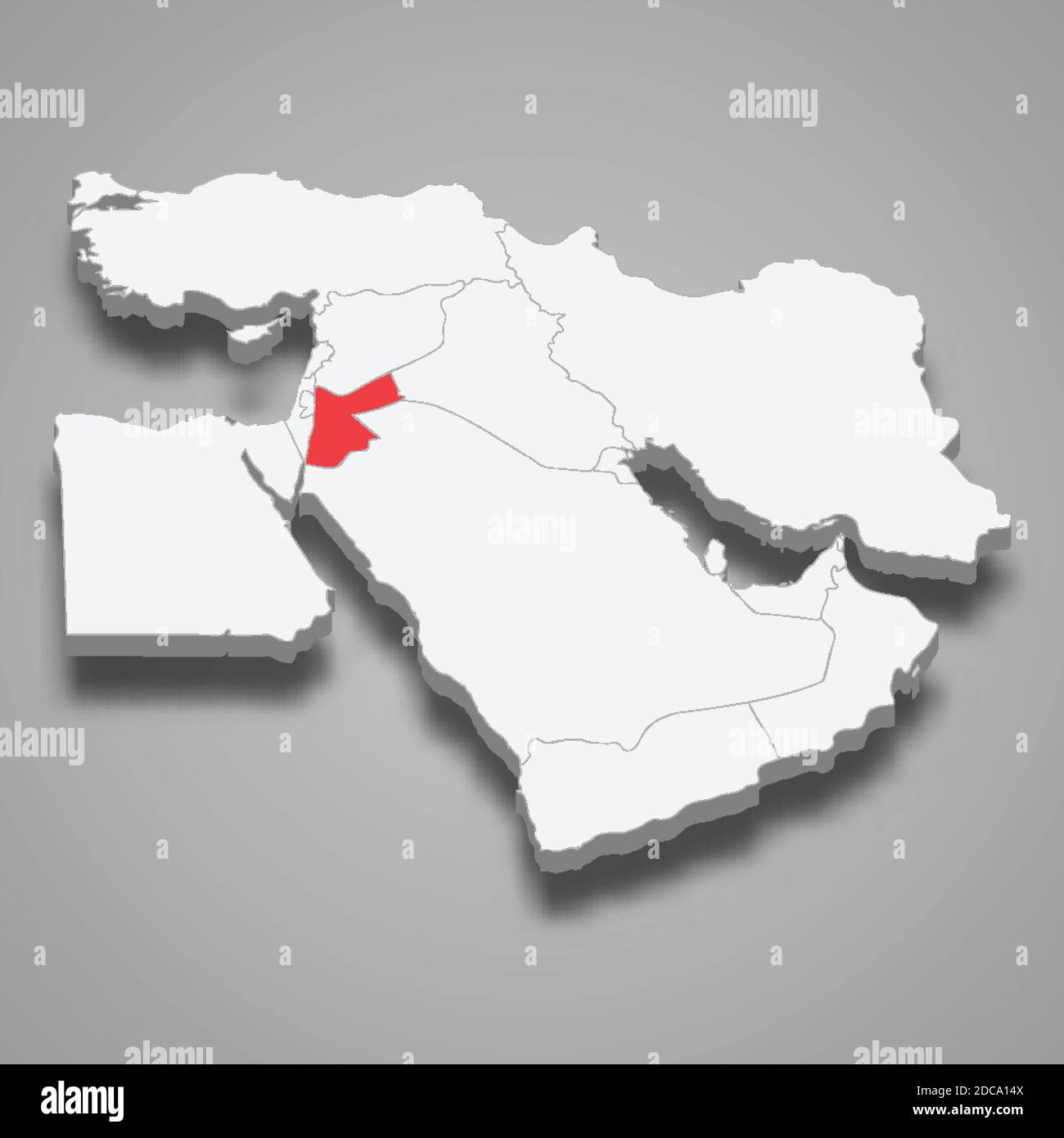 Posizione del paese della Giordania all'interno della mappa isometrica 3d del Medio Oriente Illustrazione Vettoriale