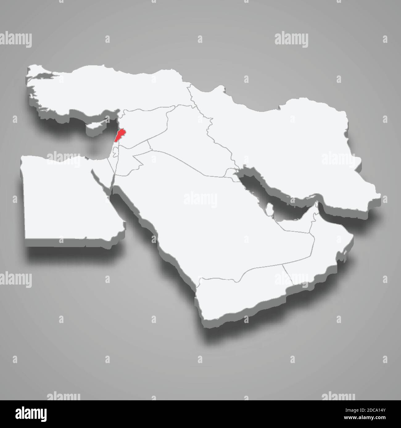 Posizione del paese del Libano all'interno della mappa isometrica 3d del Medio Oriente Illustrazione Vettoriale