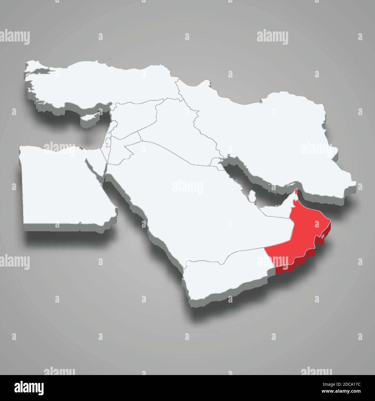 Posizione del paese Oman all'interno della mappa isometrica 3d del Medio Oriente Illustrazione Vettoriale