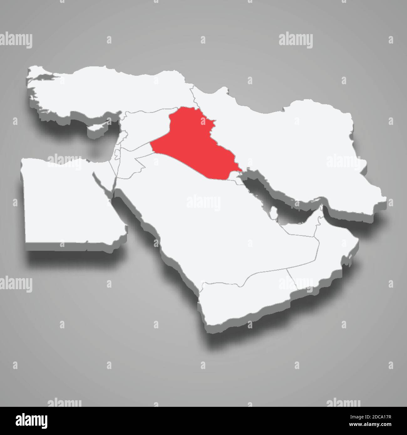 Posizione del paese in Iraq all'interno della mappa isometrica 3d del Medio Oriente Illustrazione Vettoriale