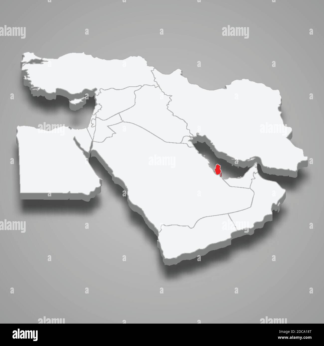 Posizione del paese del Qatar all'interno della mappa isometrica 3d del Medio Oriente Illustrazione Vettoriale