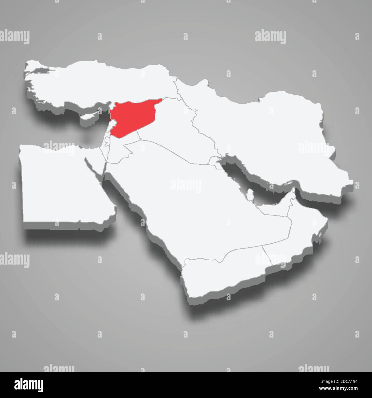 Posizione del paese in Siria all'interno della mappa isometrica 3d del Medio Oriente Illustrazione Vettoriale