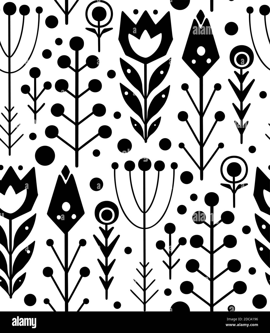 Modello folk senza cuciture con silhouette nera di erbe e fiori su sfondo bianco con motivo boho. Texture nativa di stampa vettoriale per tessuti, wal Illustrazione Vettoriale