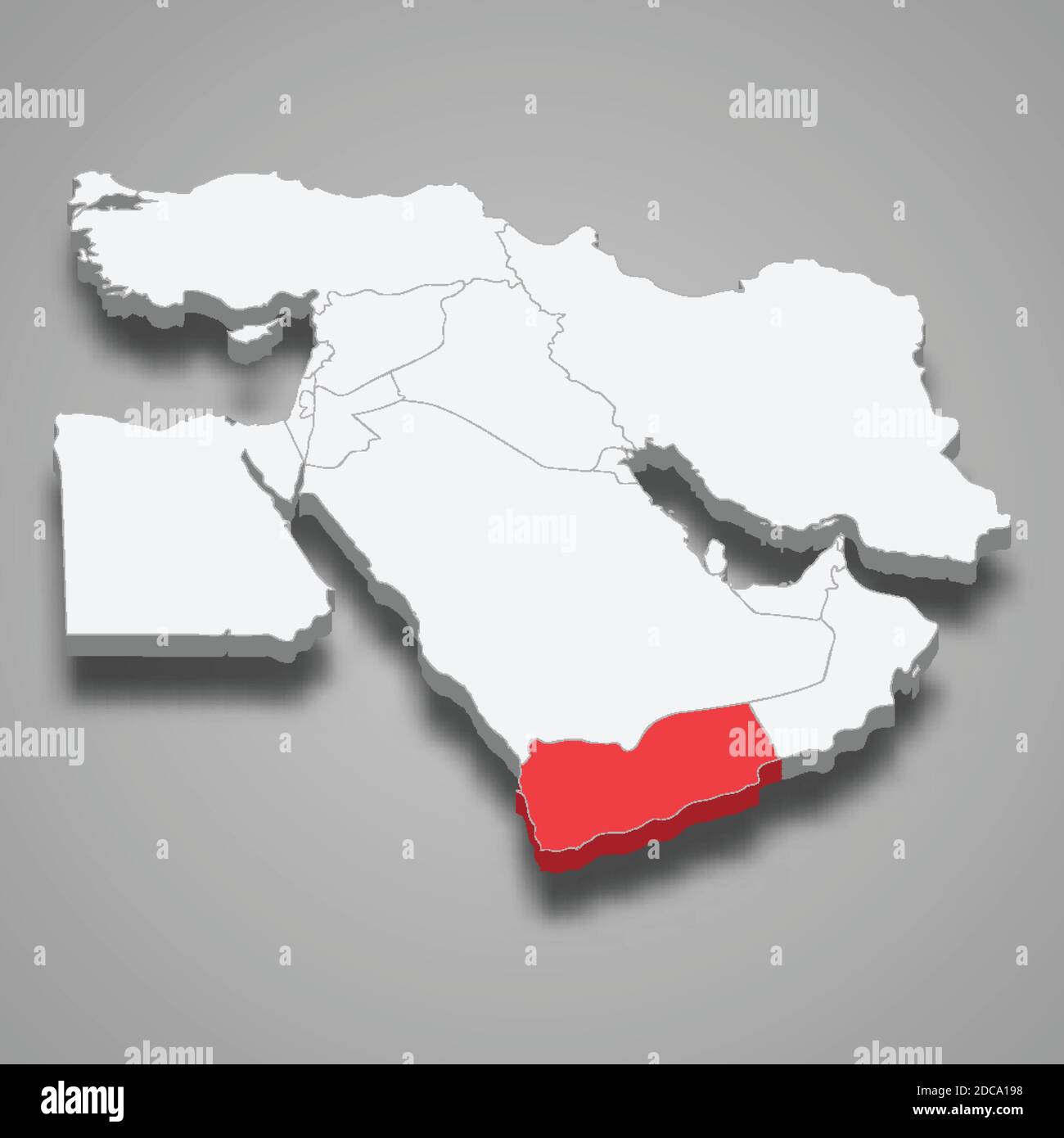 Posizione del paese dello Yemen all'interno della mappa isometrica 3d del Medio Oriente Illustrazione Vettoriale