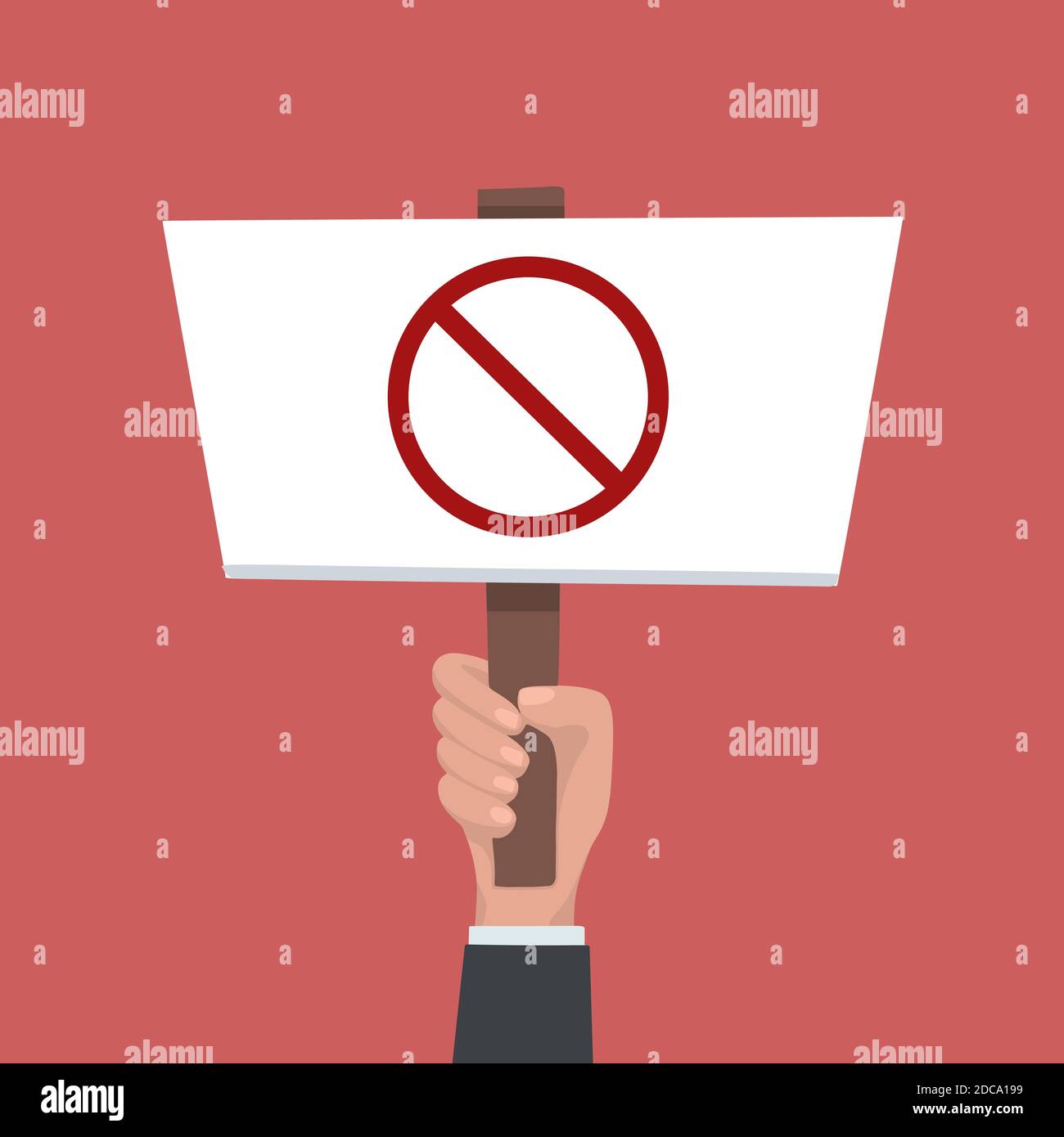 Illustrazione piatta della mano dell'uomo d'affari con la bandiera proibita e posto per il testo. Rally, picket e protesta. Modello vettoriale per articoli, pubblicità Illustrazione Vettoriale