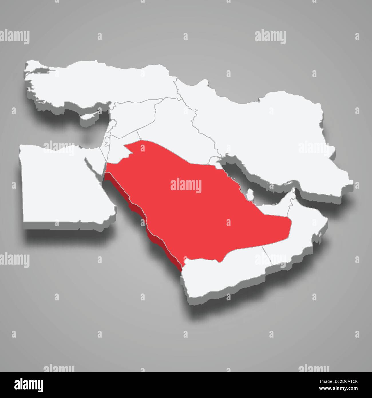 Ubicazione del paese dell'Arabia Saudita all'interno della mappa isometrica 3d del Medio Oriente Illustrazione Vettoriale