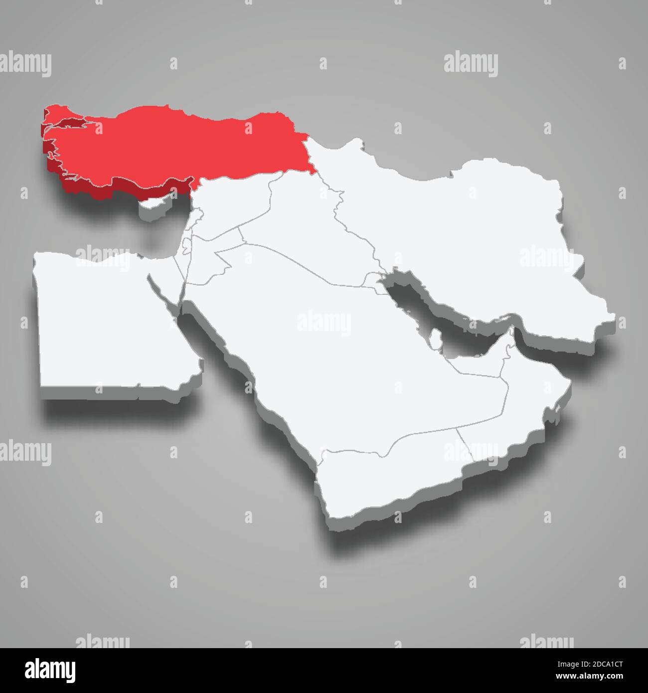 Posizione del paese in Turchia all'interno della mappa isometrica 3d del Medio Oriente Illustrazione Vettoriale