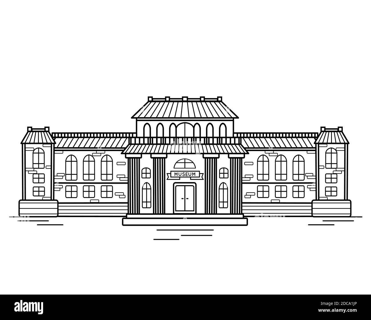 Illustrazione del contorno della facciata dell'edificio del museo. Edificio storico con colonne. Oggetto vettoriale in bianco e nero per illustrazioni, br Illustrazione Vettoriale