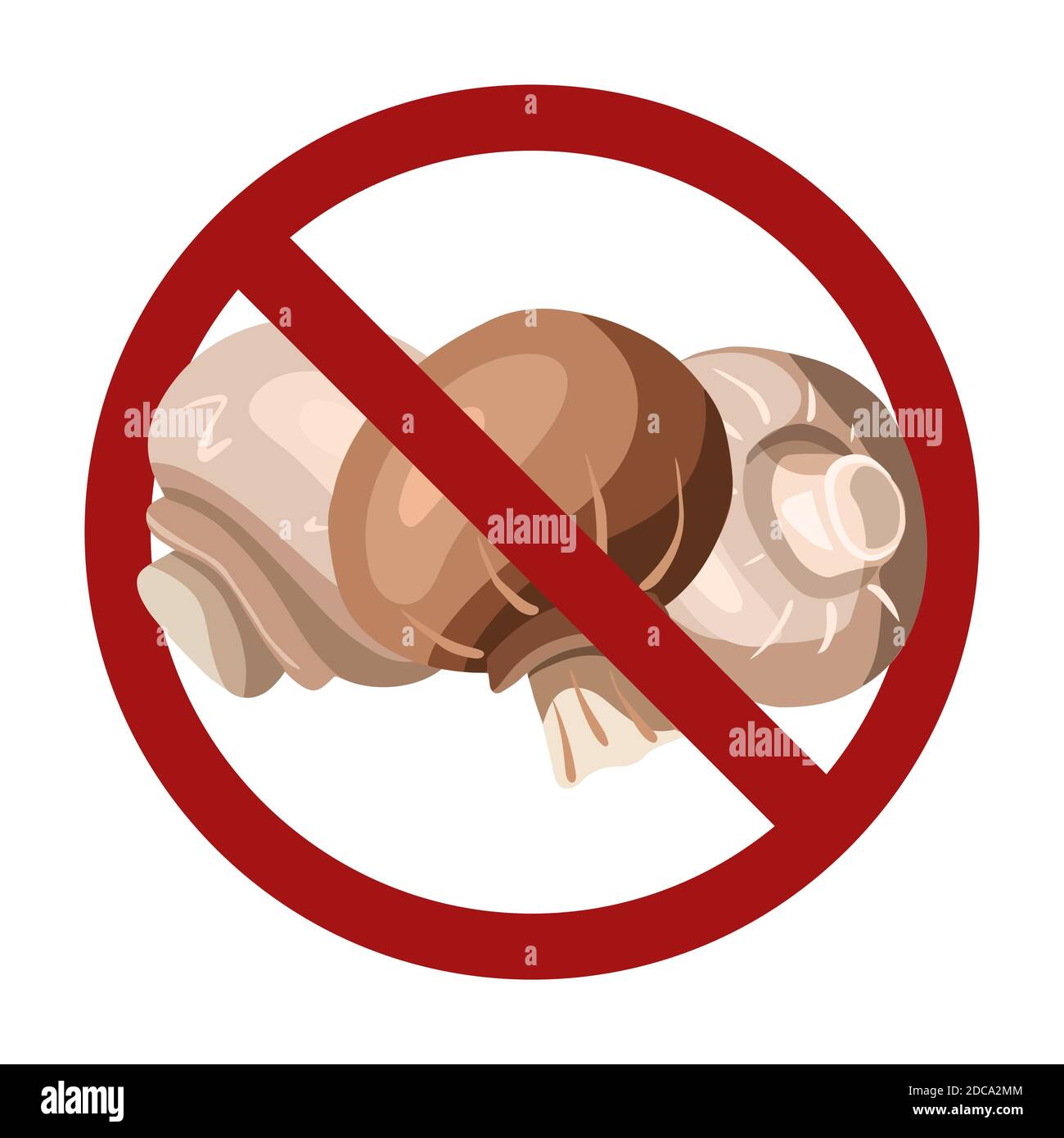 Immagine piatta disegnata a mano di funghi champignon nel segno di divieto isolato dallo sfondo. Divieto di cibo. Non scegliere il fungo. Ruggine di colore vettoriale Illustrazione Vettoriale