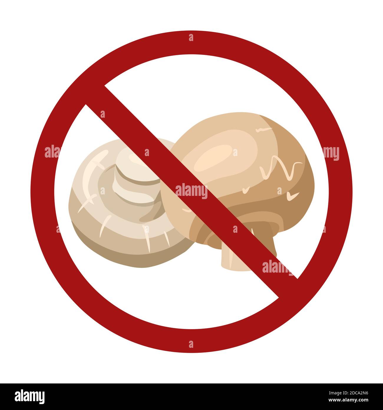 Illustrazione piatta dei funghi champignon bianchi nel segno di divieto isolato dallo sfondo. Allergia alimentare. Non scegliere il fungo. Colore vettoriale rustico el Illustrazione Vettoriale