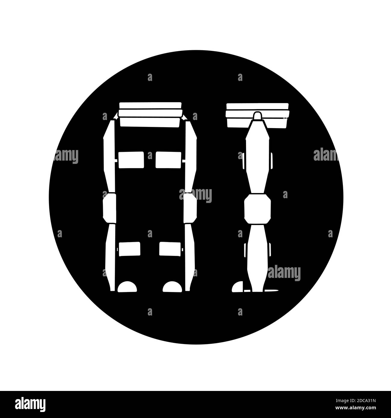 Silhouette di esoscheletro medico della gamba in cerchio nero isolato su sfondo bianco. Aiuto per persone con disabilità. Il futuro e l'innovazione. Vect Illustrazione Vettoriale